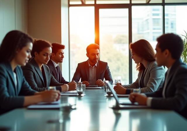 Executive team collaborating in a bright, modern corporate environment