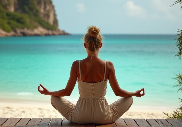 A serene individual practicing mindfulness by the coast