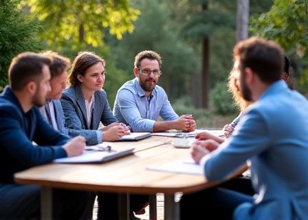 Team collaborating at a wooden table outdoors