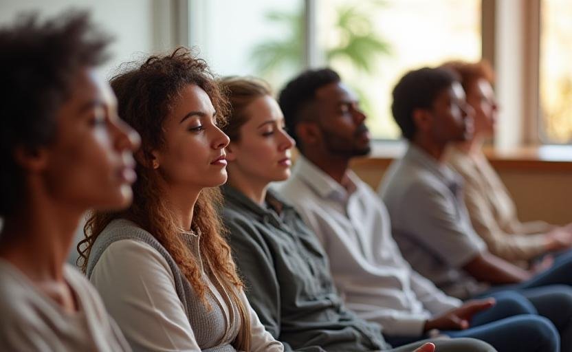 A diverse professional team in a collaborative, mindful workshop setting